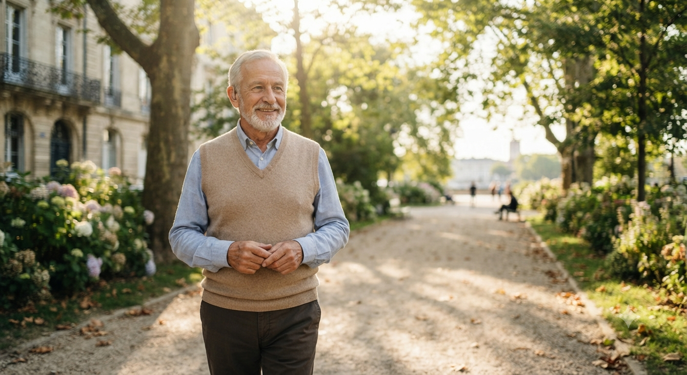 Senior souriant profitant d'une journée sereine dans un parc à Bordeaux